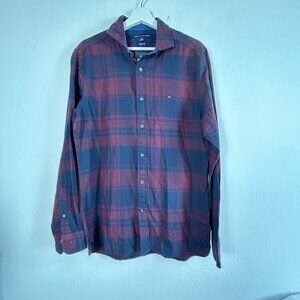 Tommy Hilfiger Mens Custom Fit Long Sleeve Button Up Plaid Shirt Medium Red New